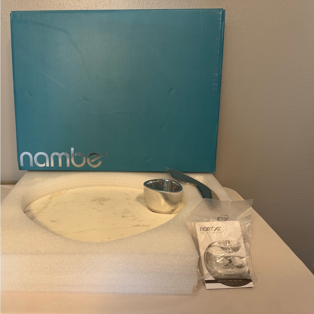 Like-New Nambe Cortina Marble Cheese Dipping Bowl, Stainless Steel Knife, Box